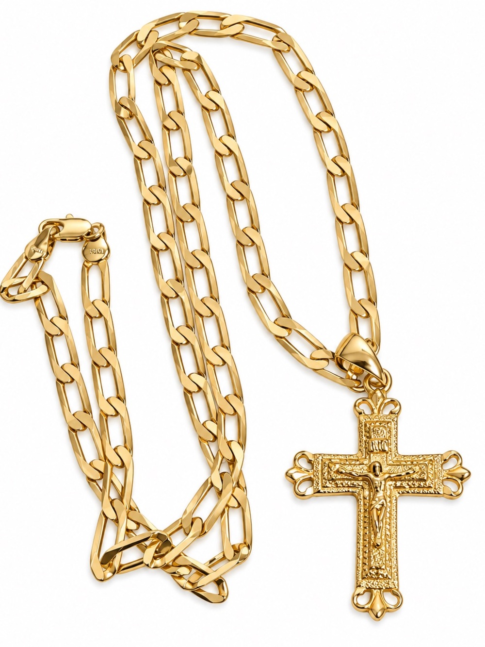 Gold Tone Men's Figaro Chain with Ornate Cross Pendant